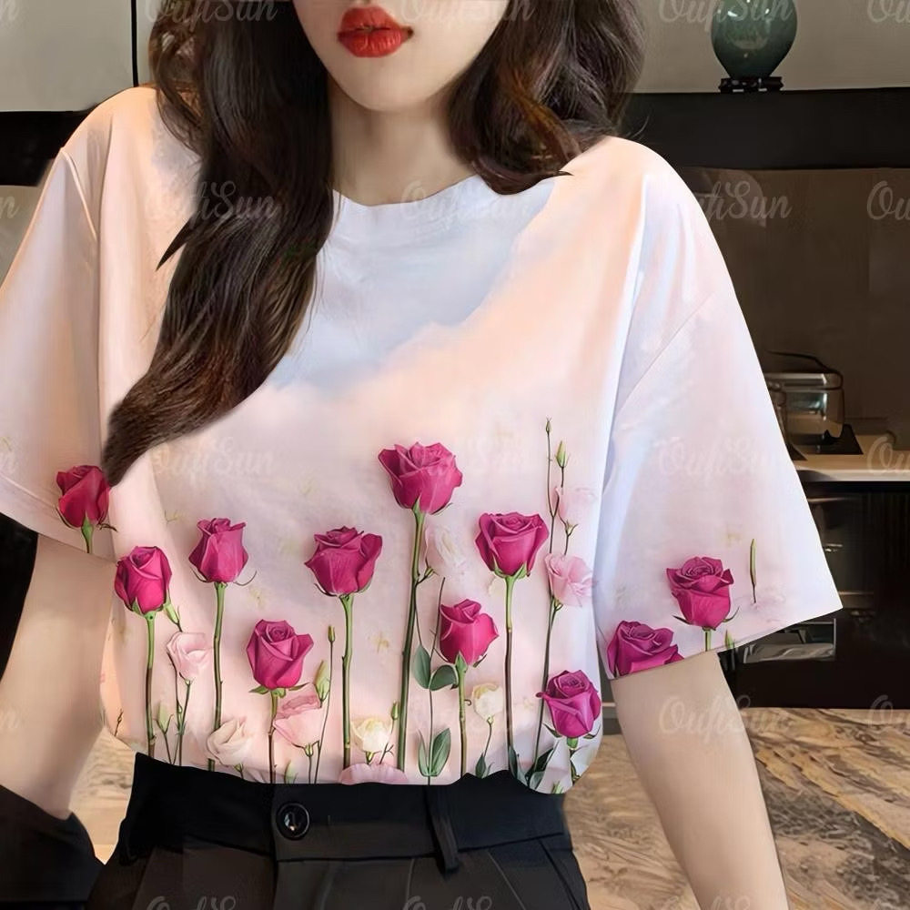 多巴胺玫瑰印花短袖圆领T恤女