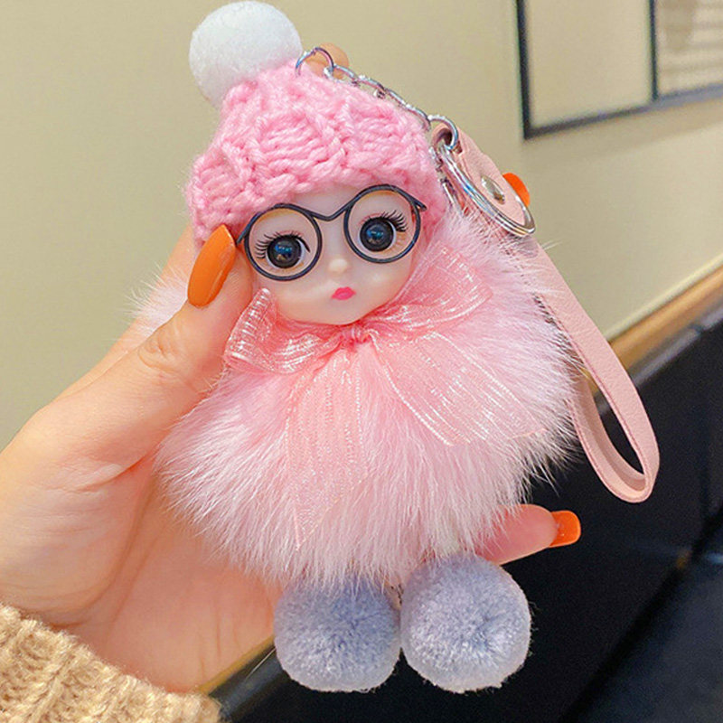 真毛狐狸毛毛绒玩偶戴眼镜的大眼睛芭比娃娃公仔钥匙扣挂饰包挂件