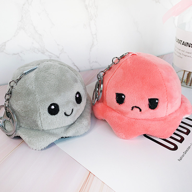 网红卡通翻转变脸翻面小章鱼毛绒玩具钥匙扣手机挂饰公仔书包挂件