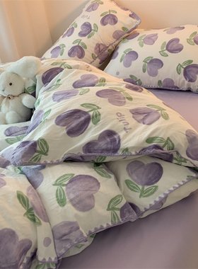 ins紫色郁金香双层纱水洗棉床上用品四件套床单被套宿舍床三件套4