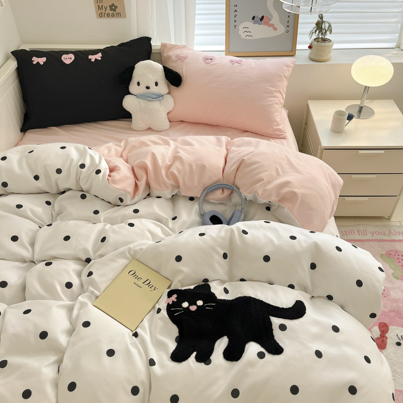 ins少女心混搭可爱猫咪刺绣被套四件套纯色床单毛巾绣宿舍三件套