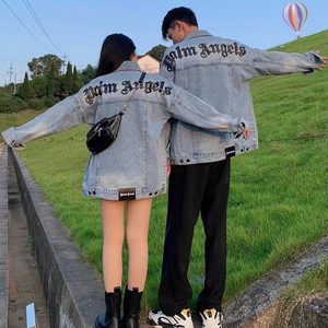 天使男女宽松情侣休闲字母牛仔夹克工装外套高街潮牌上衣