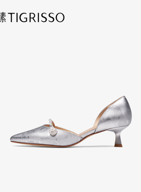 蹀愫2025年银色尖头浅口细跟高跟鞋小猫跟单鞋TA65116-10
