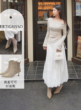 燕麦可可蹀愫25年秋冬新款尖头时装靴高跟增高6CM短靴TA65705-12