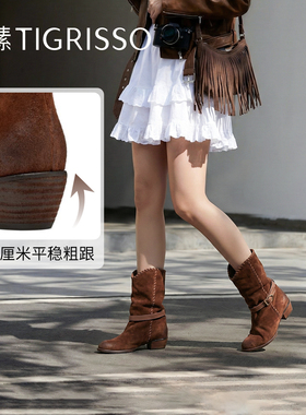 蹀愫2025年秋冬新款增高5户外西部堆堆靴复古时装靴TA65789-50