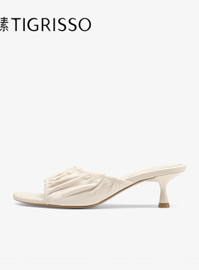 蹀愫25法式慵懒褶皱显腿长露趾穆勒拖度假高跟拖鞋女TA65303-13