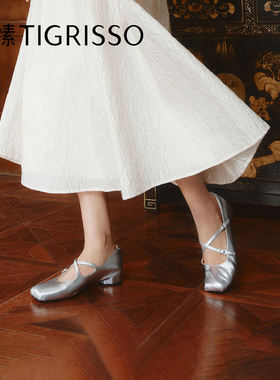 蹀愫2025年款芭蕾女鞋方头平底单鞋银色玛丽珍鞋TA65109-12