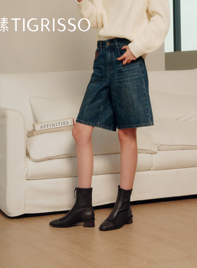 蹀愫2025冬季新款复古圆头粗跟弹力靴棕色前拉链瘦瘦靴TA61709-11