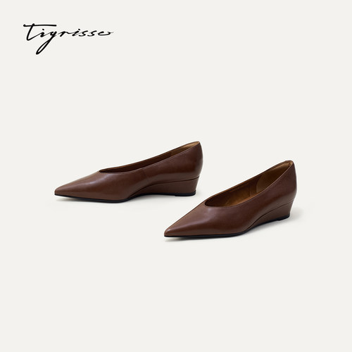 蹀愫TS高跟鞋26秋新羊皮坡跟增高3.5软糯高跟鞋单鞋T76508A-02