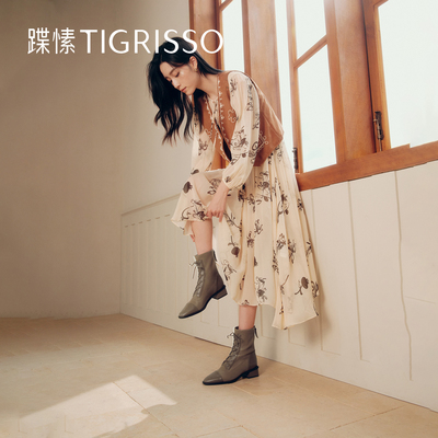 蹀愫2025冬季新款英伦风短靴绑带弹力瘦瘦靴粗跟马丁靴TA62714-11