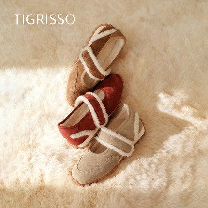 蹀愫25年冬季新款加绒红色毛毛玛丽珍豆豆底保暖女棉鞋T76188Y-01