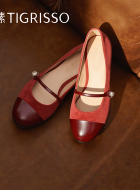 蹀愫复古真皮软底浅口单鞋圆头红色玛丽珍鞋TA54132-52/54