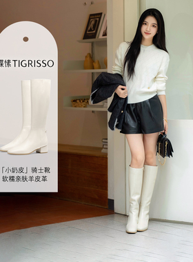 小奶皮蹀愫冬季粗跟增高柔软羊皮宽筒易穿脱骑士长靴TA54706-12