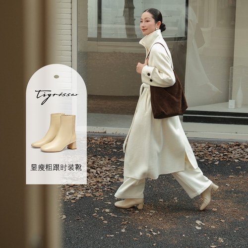 羊皮弹力方头短靴增高时装靴