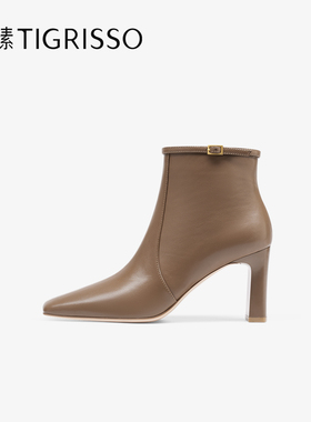 蹀愫冬高跟8厘米短靴棕色侧拉链时装靴女TA54769-50