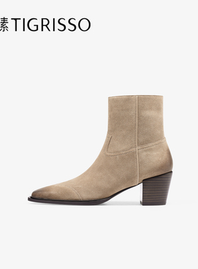 蹀愫秋冬尖圆头擦色粗跟西部靴棕色美拉德短筒靴TA54770-50