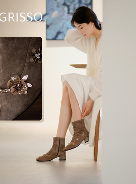 花火蹀愫25秋冬新款手工缝花弹力瘦瘦靴羊绒粗跟短靴子TA65712-15