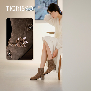 花火蹀愫25秋冬新款 手工缝花弹力瘦瘦靴羊绒粗跟短靴子TA65712