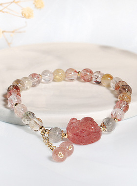 巴度天然水晶手链新款小众彩发晶流苏手串韩版草莓晶猫爪手链手饰