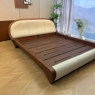胡桃木全实木床意式真皮床宋氏美学床1米8软包靠背大床主卧婚床