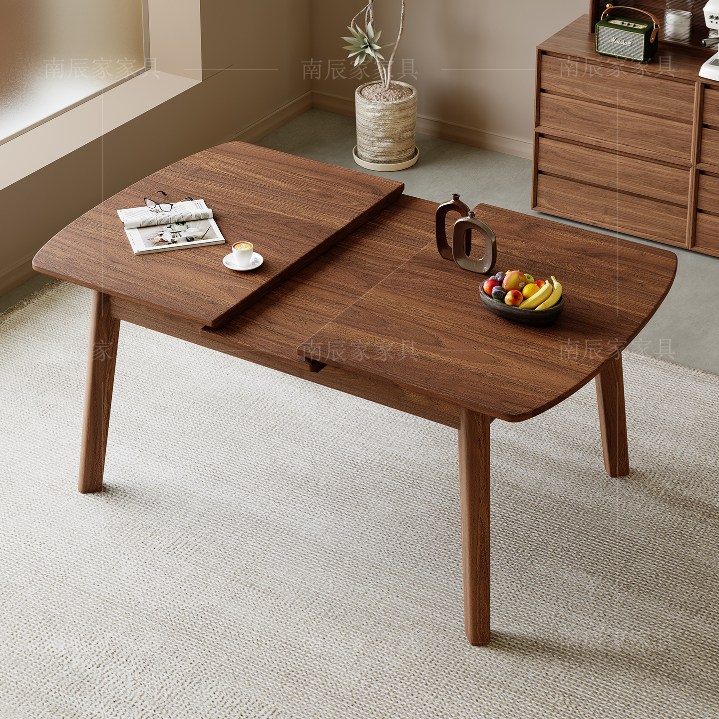 黑胡桃木实木餐桌饭桌方圆两用桌子餐桌小户型餐厅家用餐桌椅组合