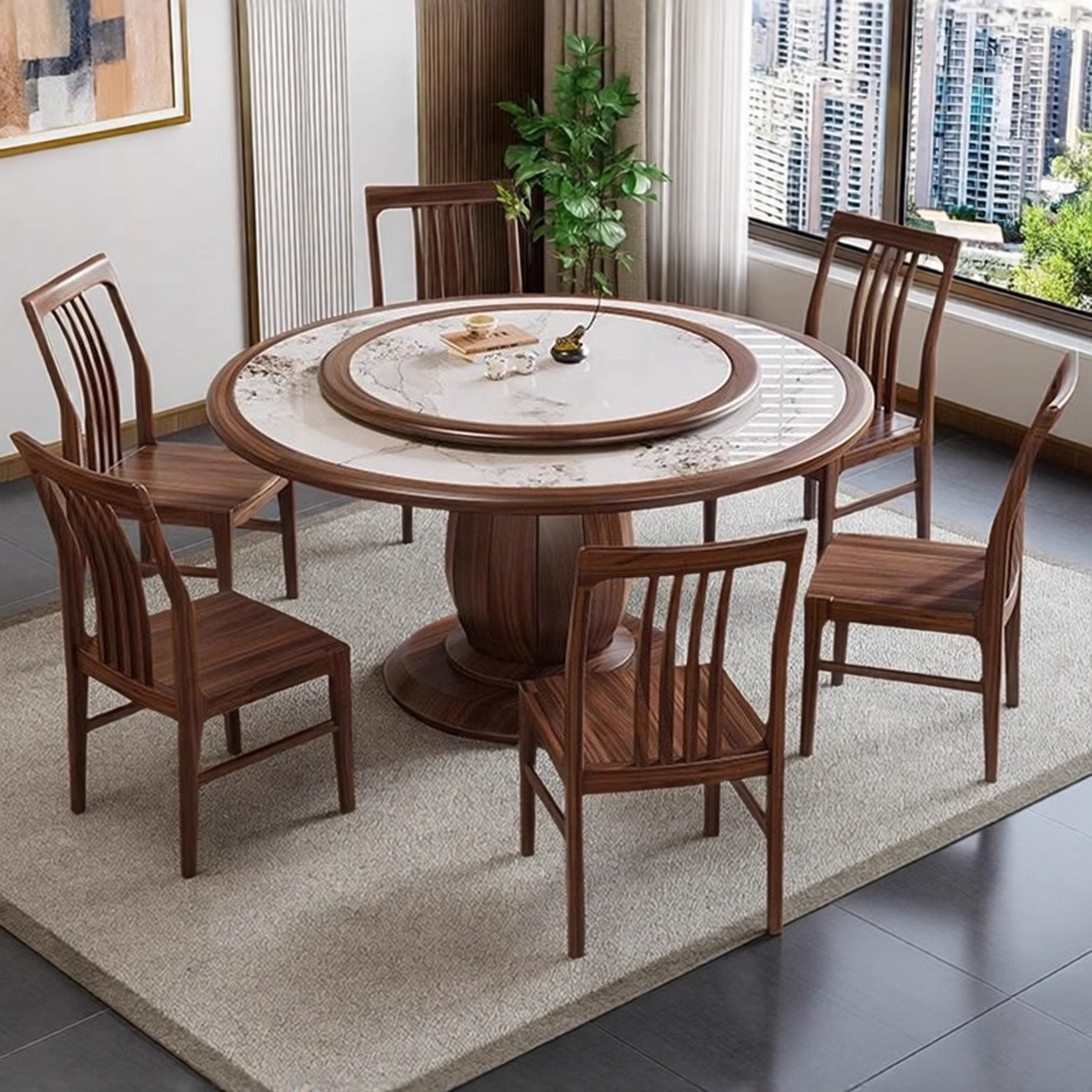 黑胡桃木餐桌圆桌实木餐桌中古风饭桌小户型家用餐桌椅组合送转盘