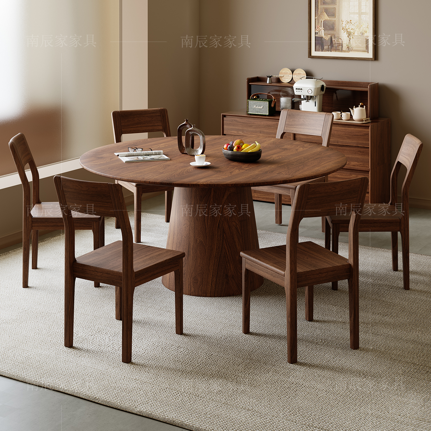 黑胡桃木餐桌带岩板转盘家用吃饭桌子全实木圆桌中古风餐桌椅组合