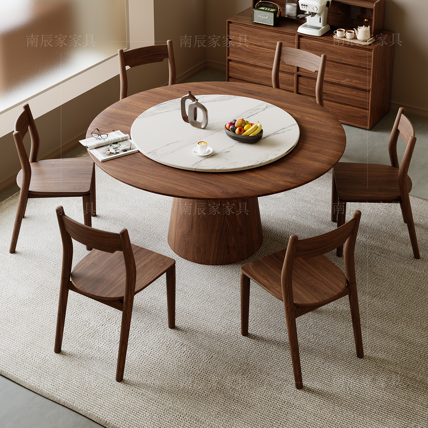 黑胡桃木餐桌中古风餐桌椅组合带岩板转盘家用吃饭桌子全实木圆桌