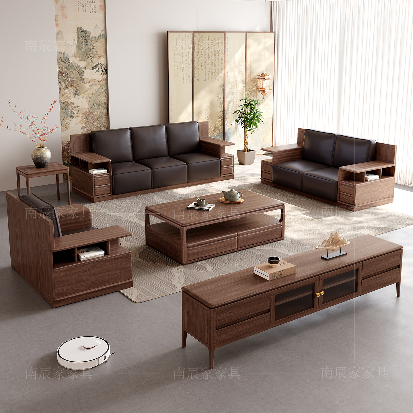新中式乌金木实木沙发茶几电视柜组合中国风禅意别墅轻奢客厅储物