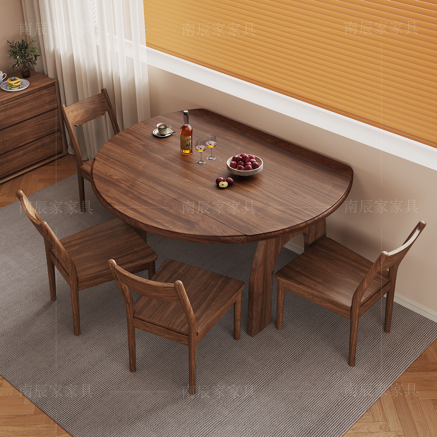 黑胡桃木餐桌方圆两用饭桌可折叠便携餐桌小户型全实木2025新款