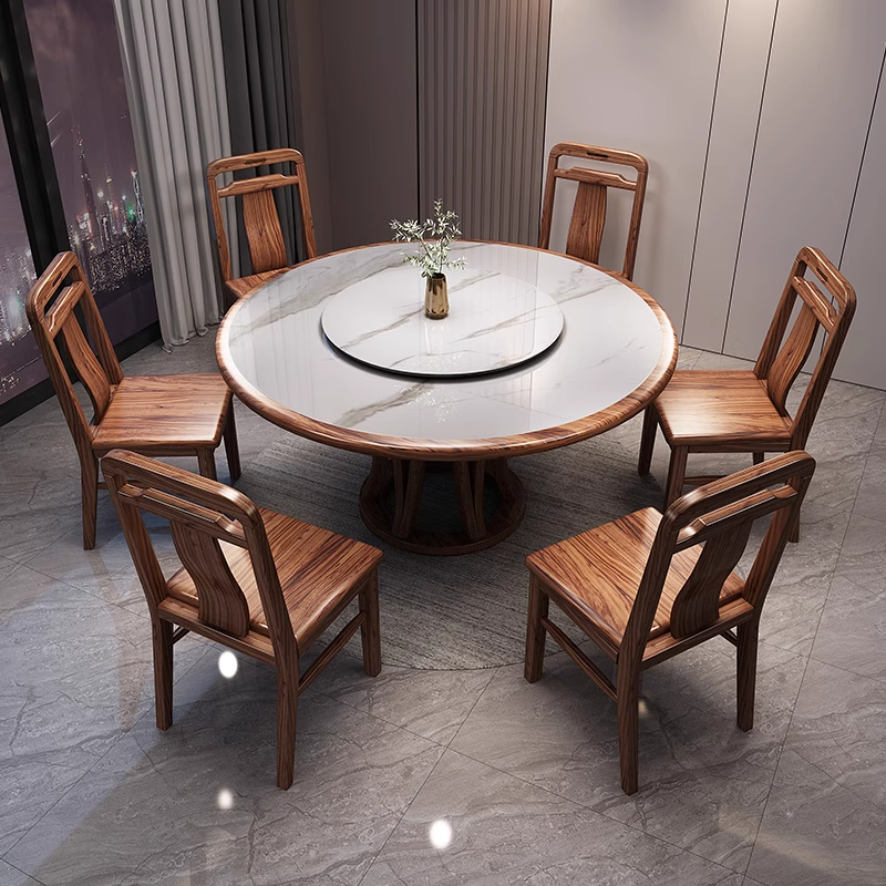 黑胡桃木餐桌圆桌实木餐桌中古风饭桌小户型家用餐桌椅组合送转盘