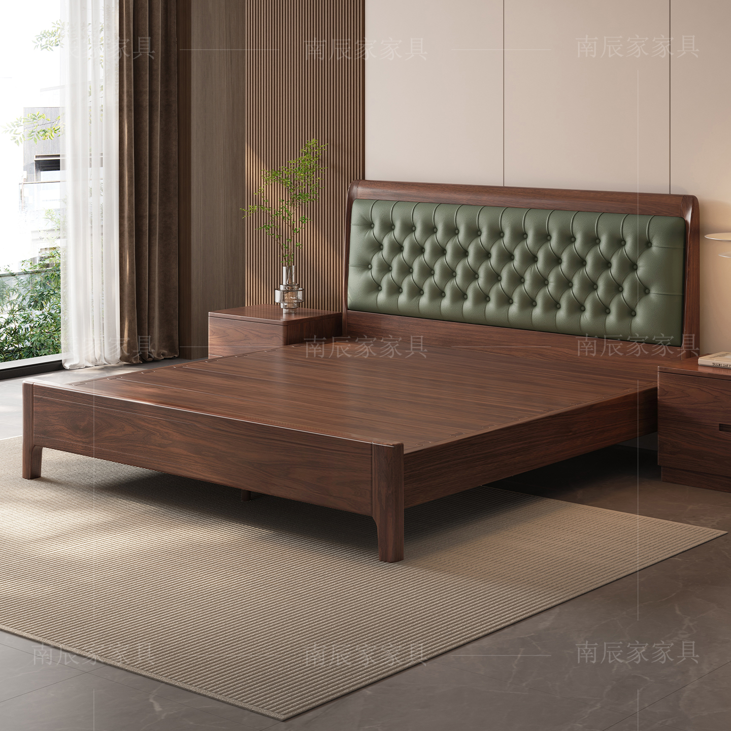 黑胡桃木真皮软包床简约复古主卧卧室双人床1米5家用轻奢大床1.8m