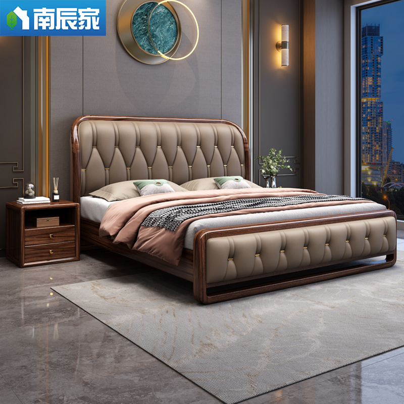 金丝檀木实木床真皮软包1.5m婚床1.8米双人床主卧新中式高箱储物