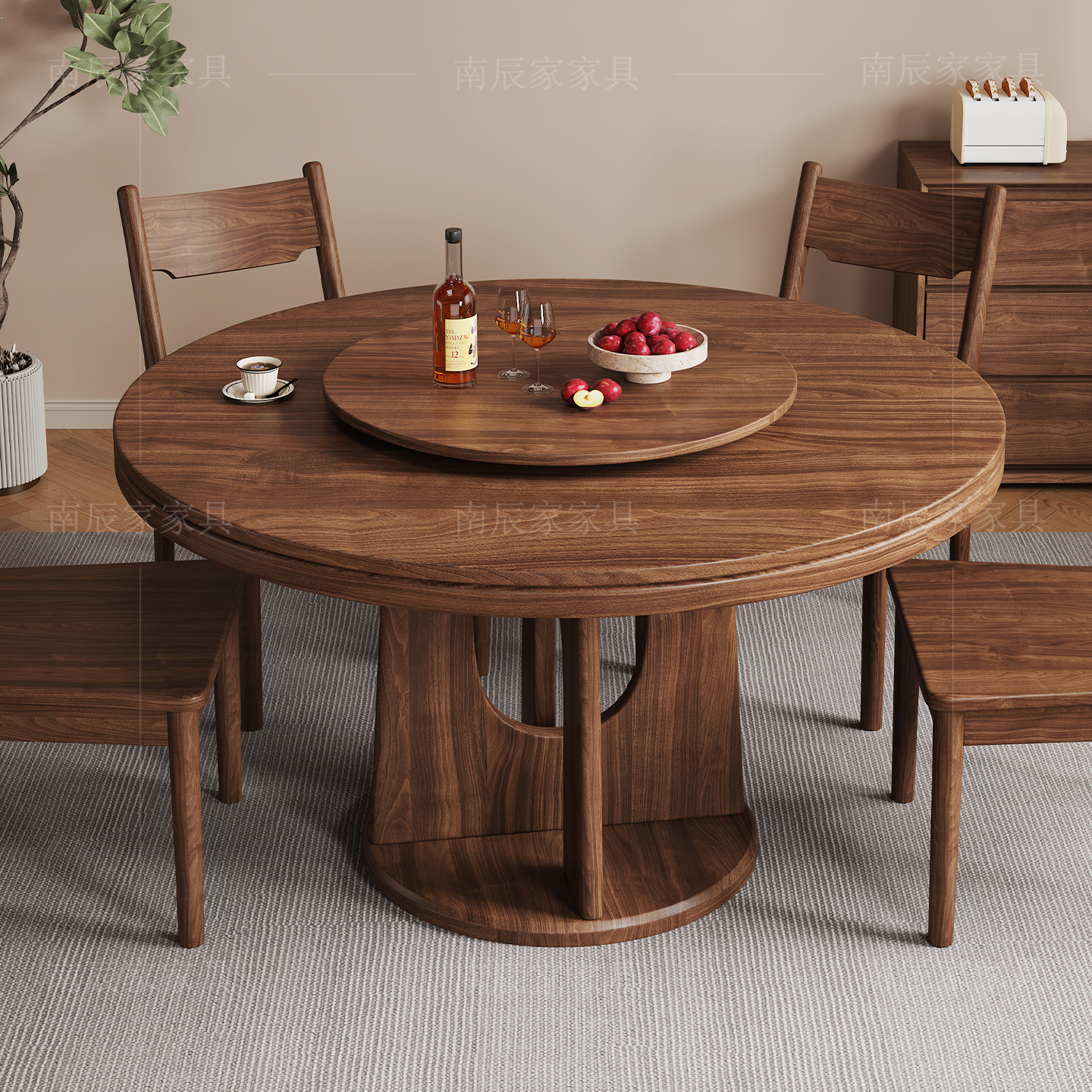 黑胡桃木餐桌大气圆桌餐厅餐桌椅组合实木现代简约家用全实木餐桌