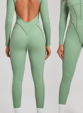 立体拼接半开拉链长袖健身瑜伽连体服女露背紧身运动连体衣25633