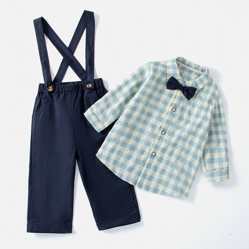 儿童套装春夏季格子衬衫长袖背带裤韩版男童套装现货绅士礼服