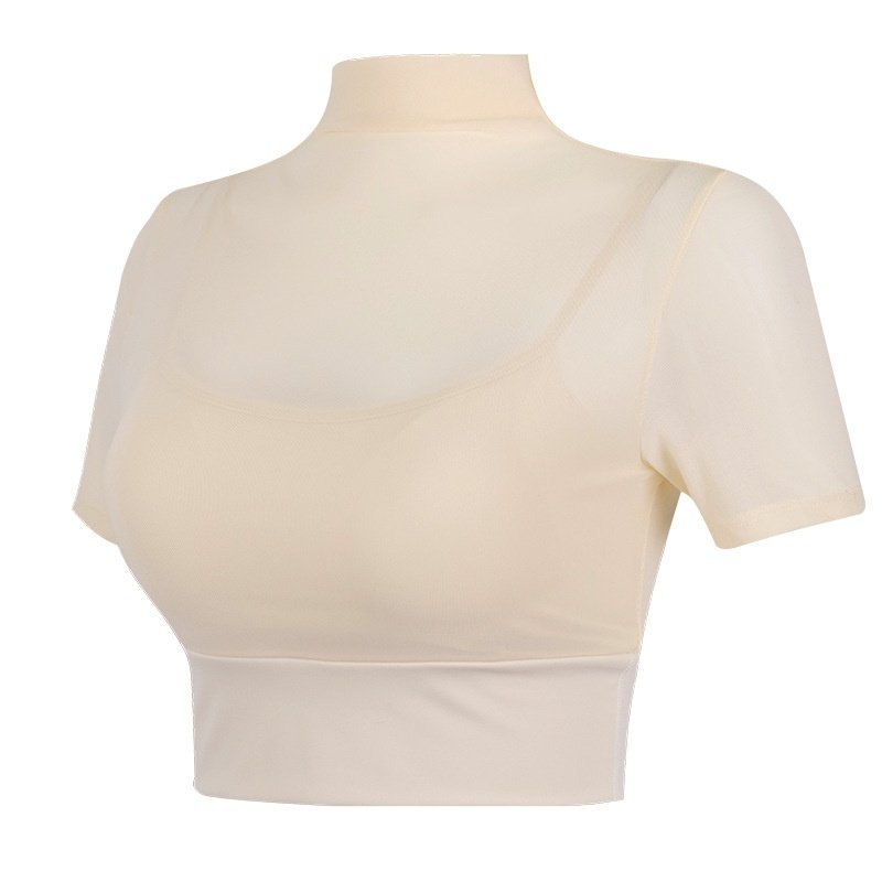 跨境一体杯带胸垫网纱短袖瑜伽服紧身上衣普拉提健身跑步运动T恤