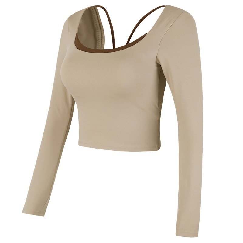 跨境秋冬瑜伽服长袖女普拉提健身训练T恤带胸垫美背显瘦运动上衣