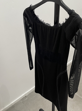 Hailey海莉同款黑色蕾丝网纱弹力修身秋新款性感显瘦长袖连衣裙女