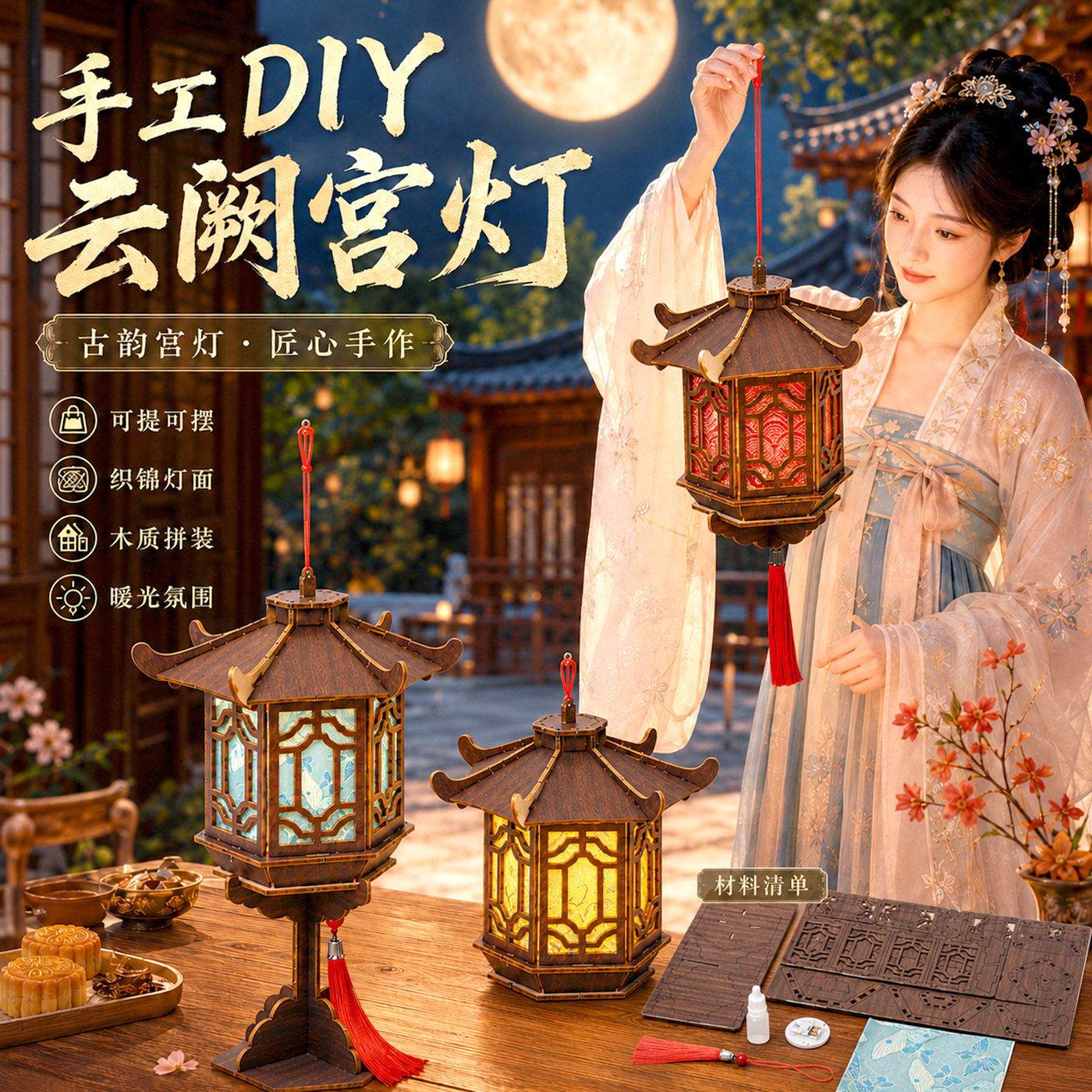 中秋节灯笼手工diy材料包宋锦手提发光台灯古风云阙织锦宫灯摆件
