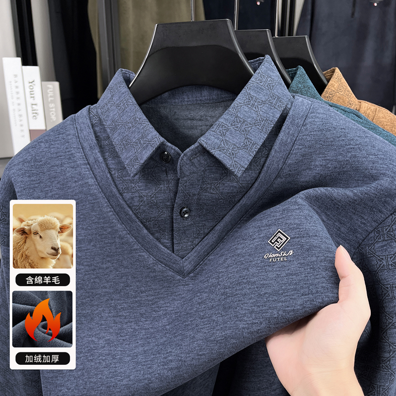 中老年新款翻领假两件针织衫男加绒加厚保暖商务休闲毛衣爸爸装
