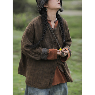 古兰木&慢慢变蓝原创设计春秋季亚麻上衣复古做旧外套宽松衬衣