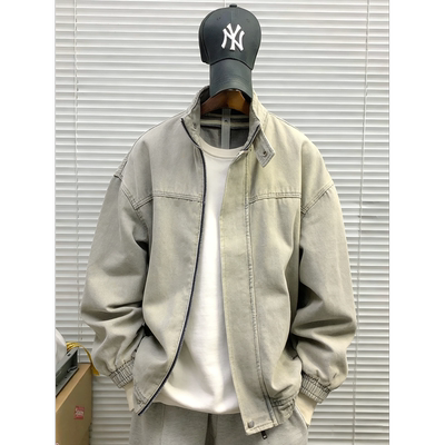 春秋立体垫肩水洗黑灰色牛仔外套男痞帅美式cleanfit立领工装夹克