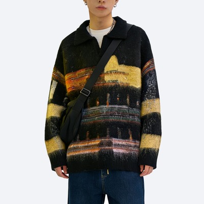 美式覆古chic撞色翻领针织衫男女秋冬宽松bf慵懒风休闲套头毛衣潮