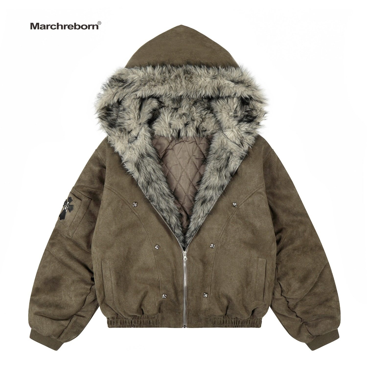 MARCH 美式复古十字架座山雕连帽棉衣男女宽松高街百搭毛领外套潮,男装,棉衣,淘宝优惠券,粉丝福利购,淘宝优惠卷