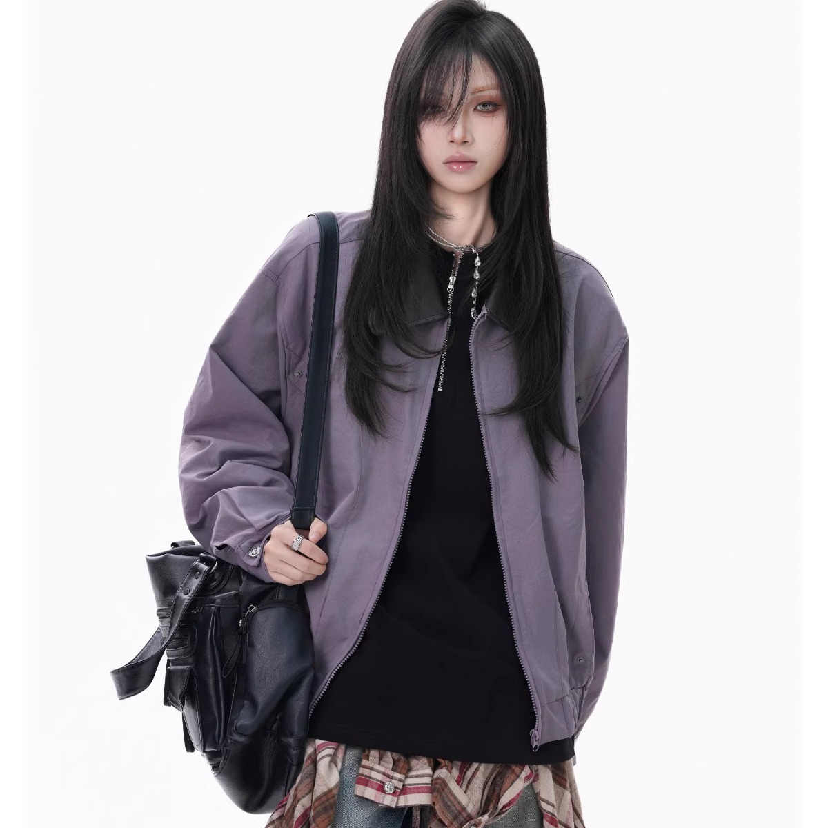 美式复古皮领拼接夹克女设计感小众嘻哈潮牌宽松外套街头复古休闲