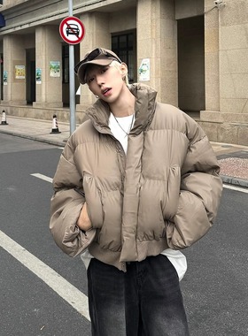 美式高街pu皮短款棉服男冬季潮牌韩系穿搭面包服高街vibe棉衣外套