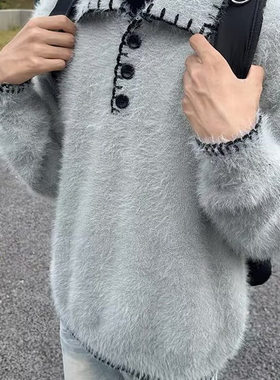 韩系灰色仿貂毛手缝线毛衣秋冬季慵懒风针织polo衫情侣男女外套