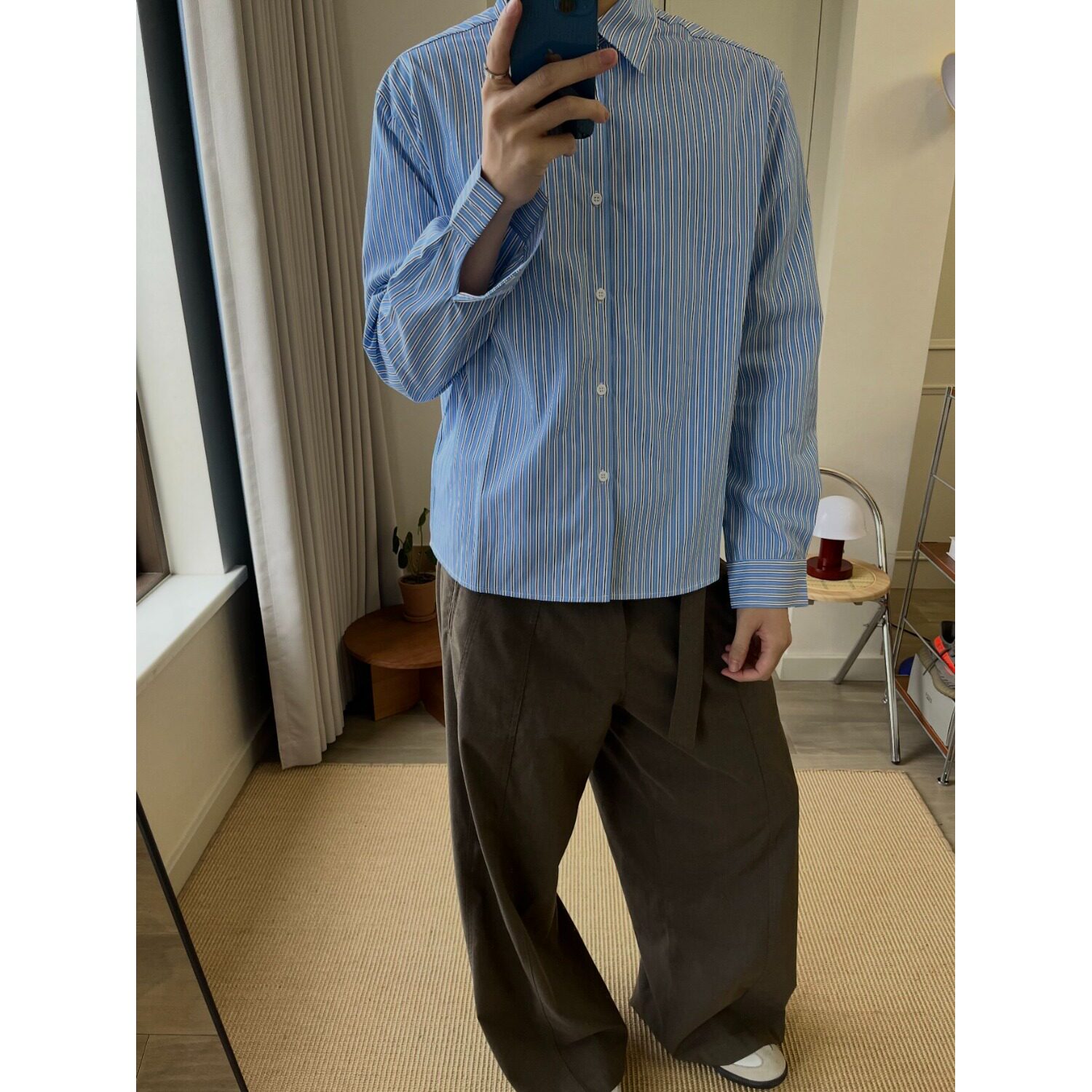 美式高智感蓝条纹松弛感长袖衬衫男女款春夏季度假慵懒休闲衬外套