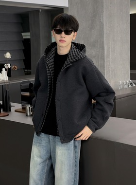 秋冬新款空气层假两件外套男女同款连帽加厚开衫拼接灰色百搭夹克